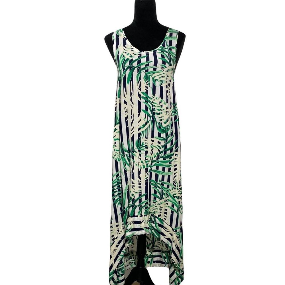 Leah Von Ahlburg M Dress White Navy Blue Stripes Green Bamboo Leaves Hi Low Hem